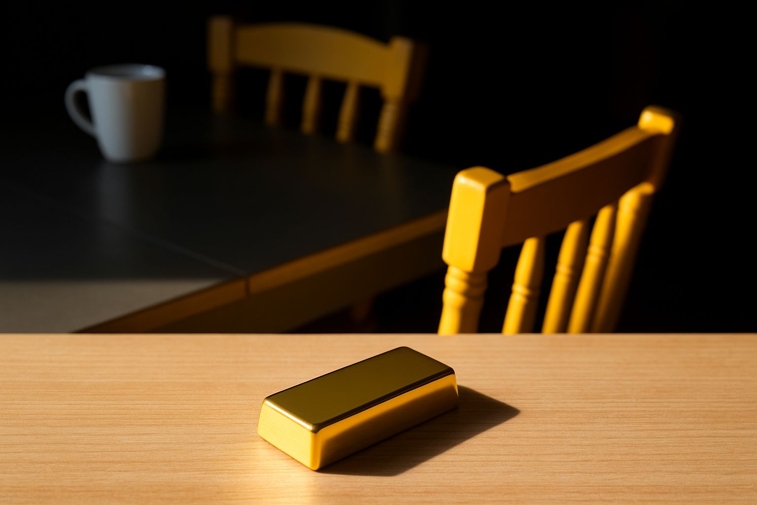 Guldstackar och guldtackor på ett bord, symboliserande värde och investering.